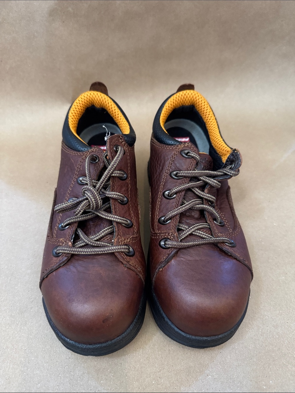 Timberland Brown Leather Lace-Up Oxfords with Yellow Knit Collar